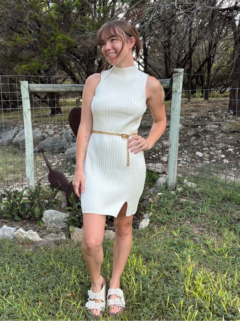 Sleeveless Cream Ribbed Knit Dress with Mock Neck